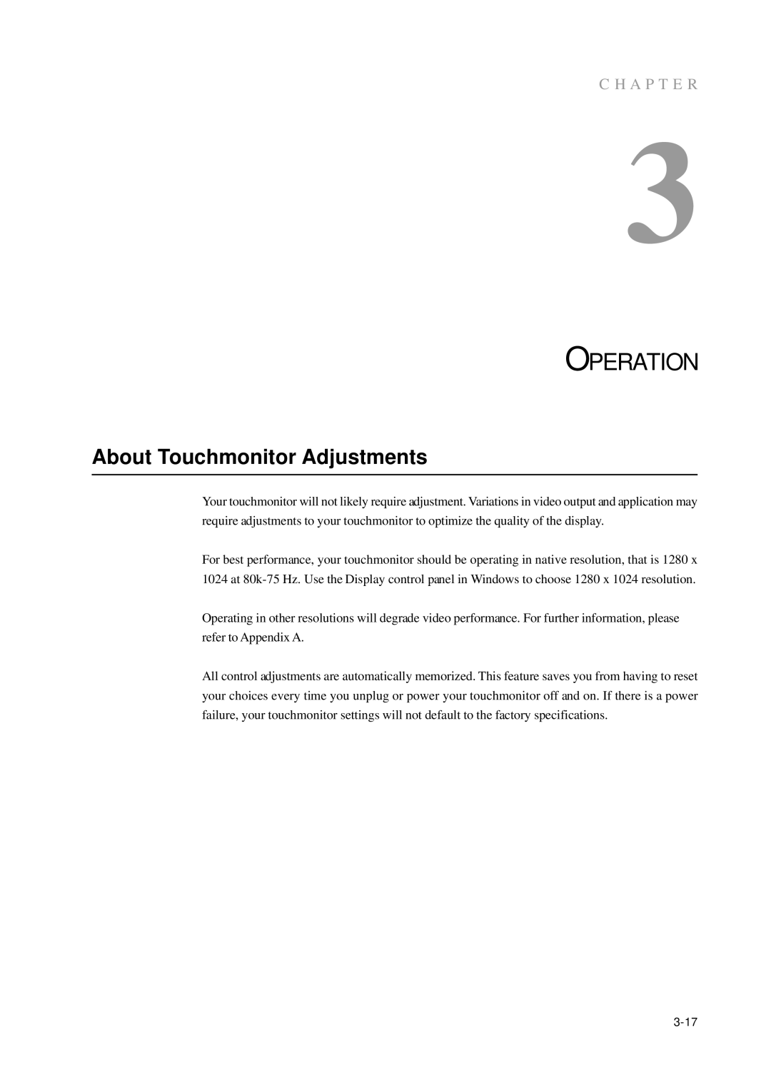 Tyco 1939L manual Operation, About Touchmonitor Adjustments 