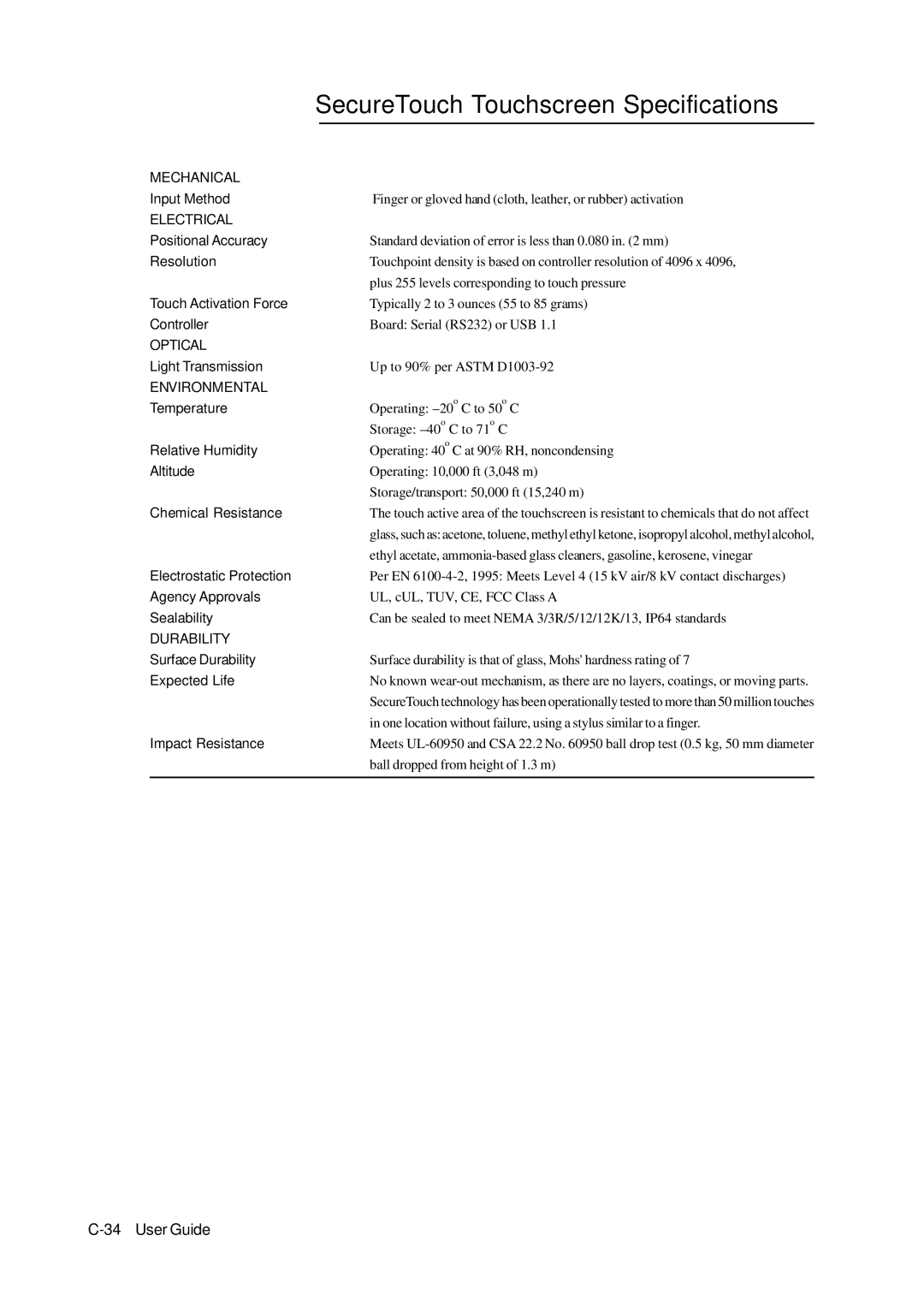 Tyco 1939L manual SecureTouch Touchscreen Specifications, Expected Life 