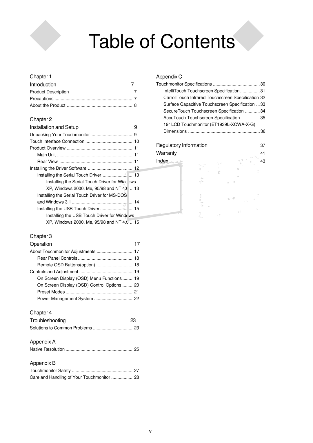 Tyco 1939L manual Table of Contents 