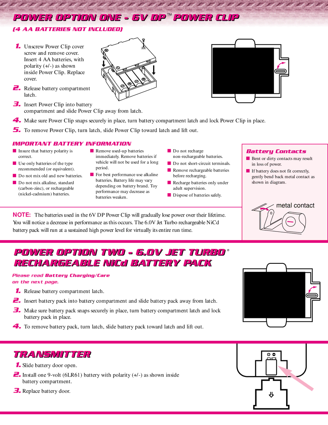 Tyco 33309 -0920 owner manual Power Option ONE 6V DP TM Power Clip, Transmitter, AA Batteries not Included 