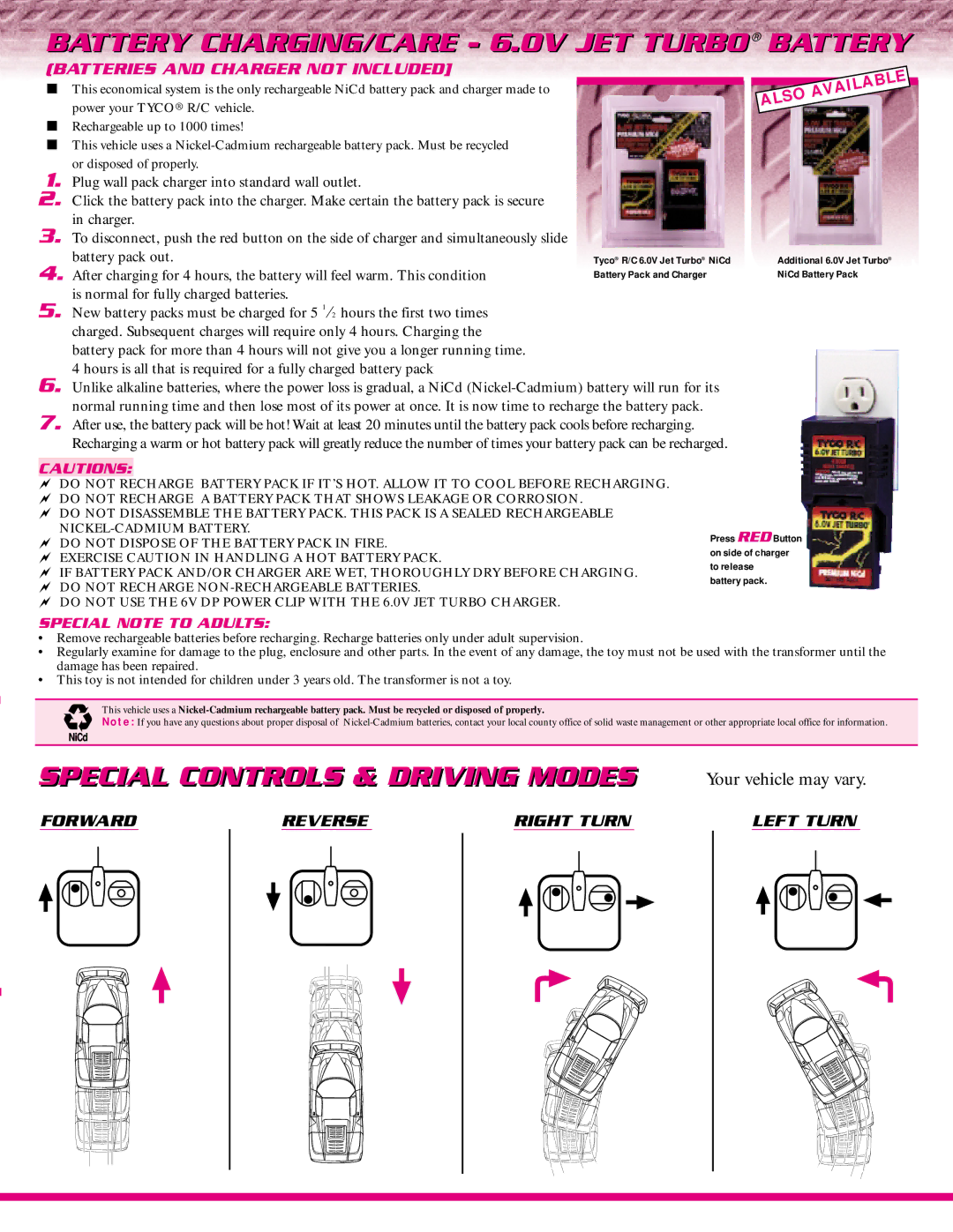 Tyco 33309 -0920 owner manual Battery CHARGING/CARE 6.0V JET Turbo Battery, Special Controls & Driving Modes 