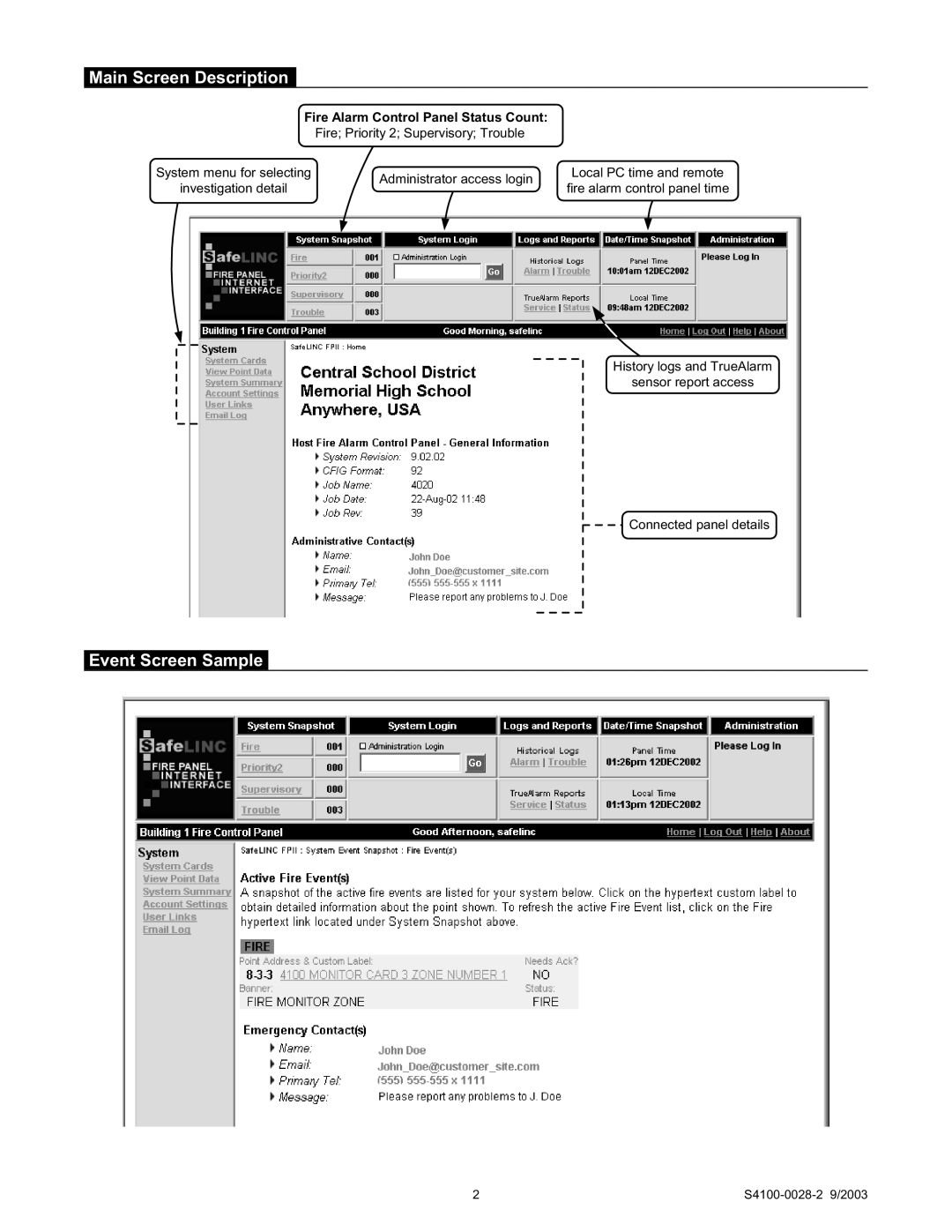 Tyco 4120, 4100U, 4020 manual Main Screen Description, Event Screen Sample, Fire Alarm Control Panel Status Count 