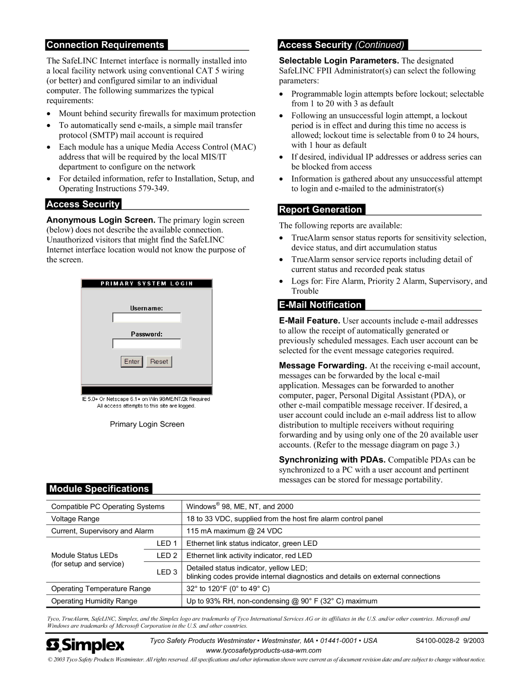 Tyco 4100U, 4120, 4020 Connection Requirements, Access Security, Module Specifications Report Generation, Mail Notification 