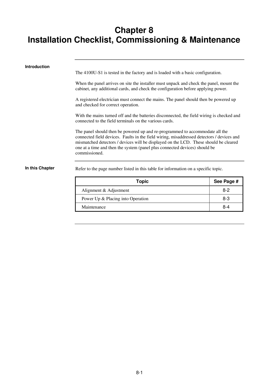 Tyco 4100U-S1 installation manual Chapter Installation Checklist, Commissioning & Maintenance, Topic See Page # 