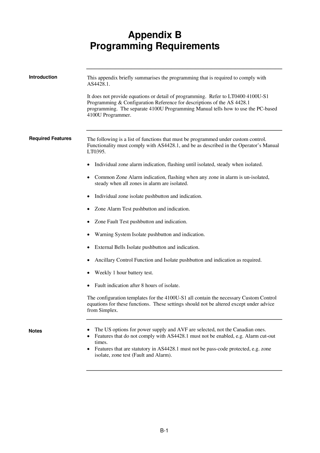 Tyco 4100U-S1 installation manual Appendix B Programming Requirements 