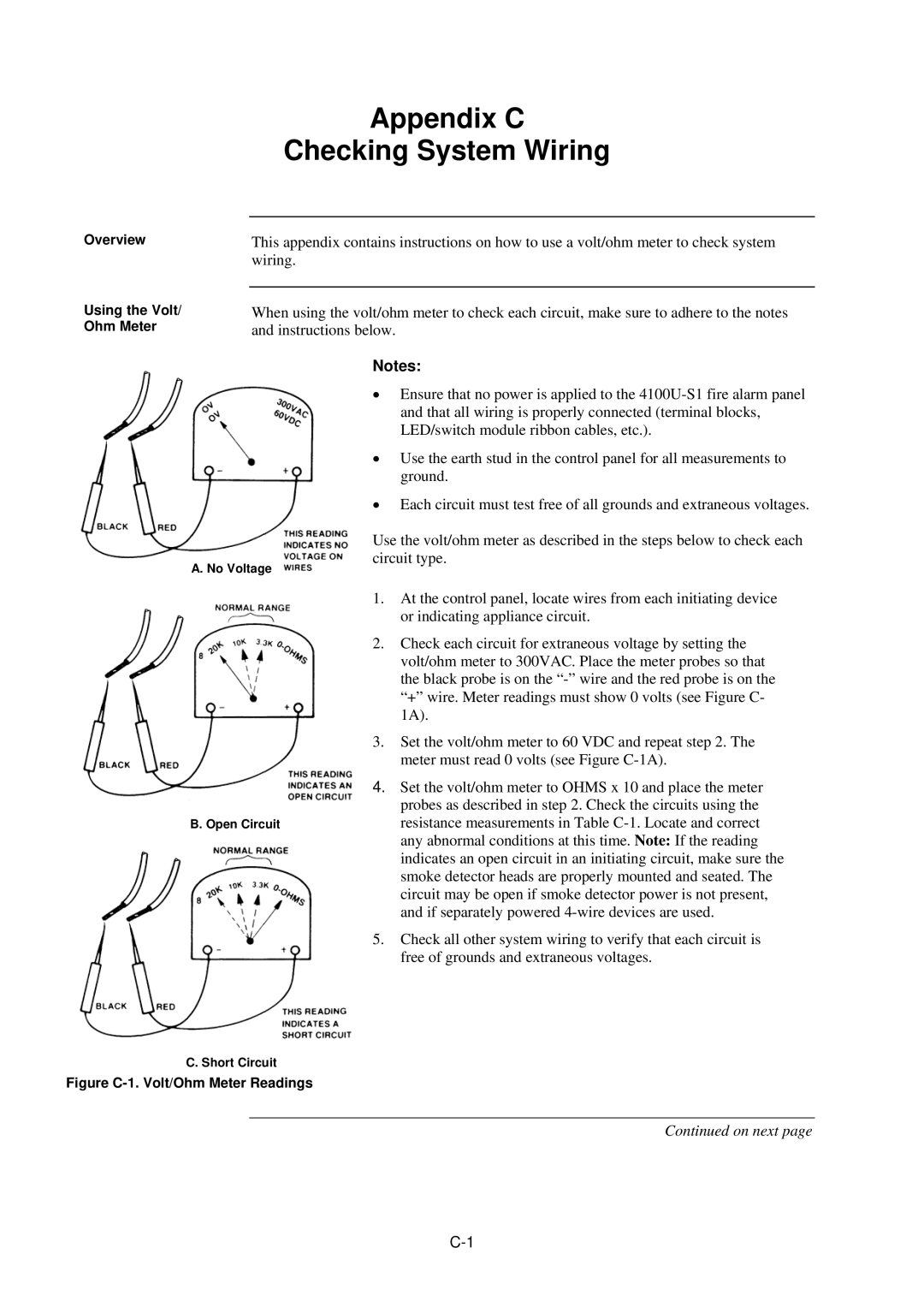 Tyco 4100U-S1 installation manual Appendix C Checking System Wiring, Figure C-1. Volt/Ohm Meter Readings 