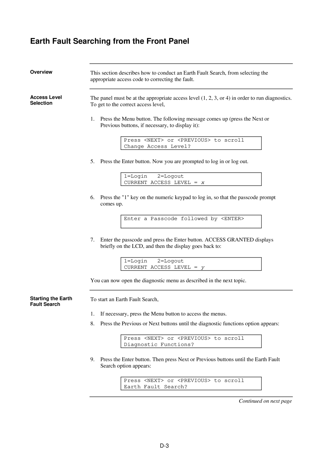 Tyco 4100U-S1 installation manual Earth Fault Searching from the Front Panel 