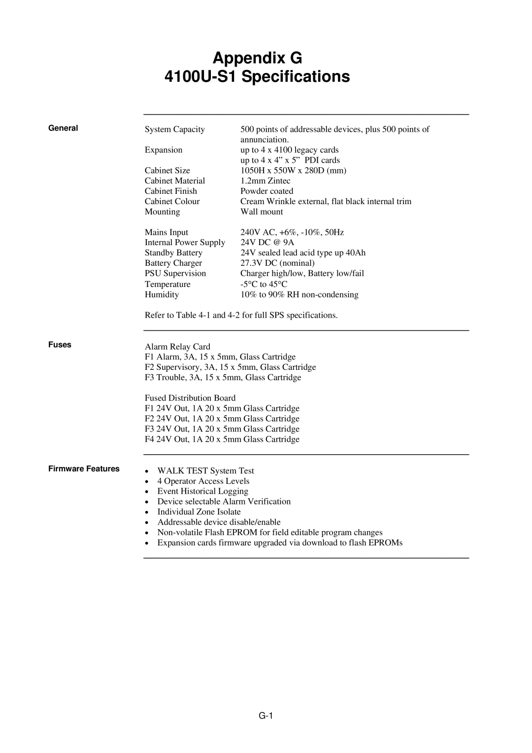 Tyco installation manual Appendix G 4100U-S1 Specifications 