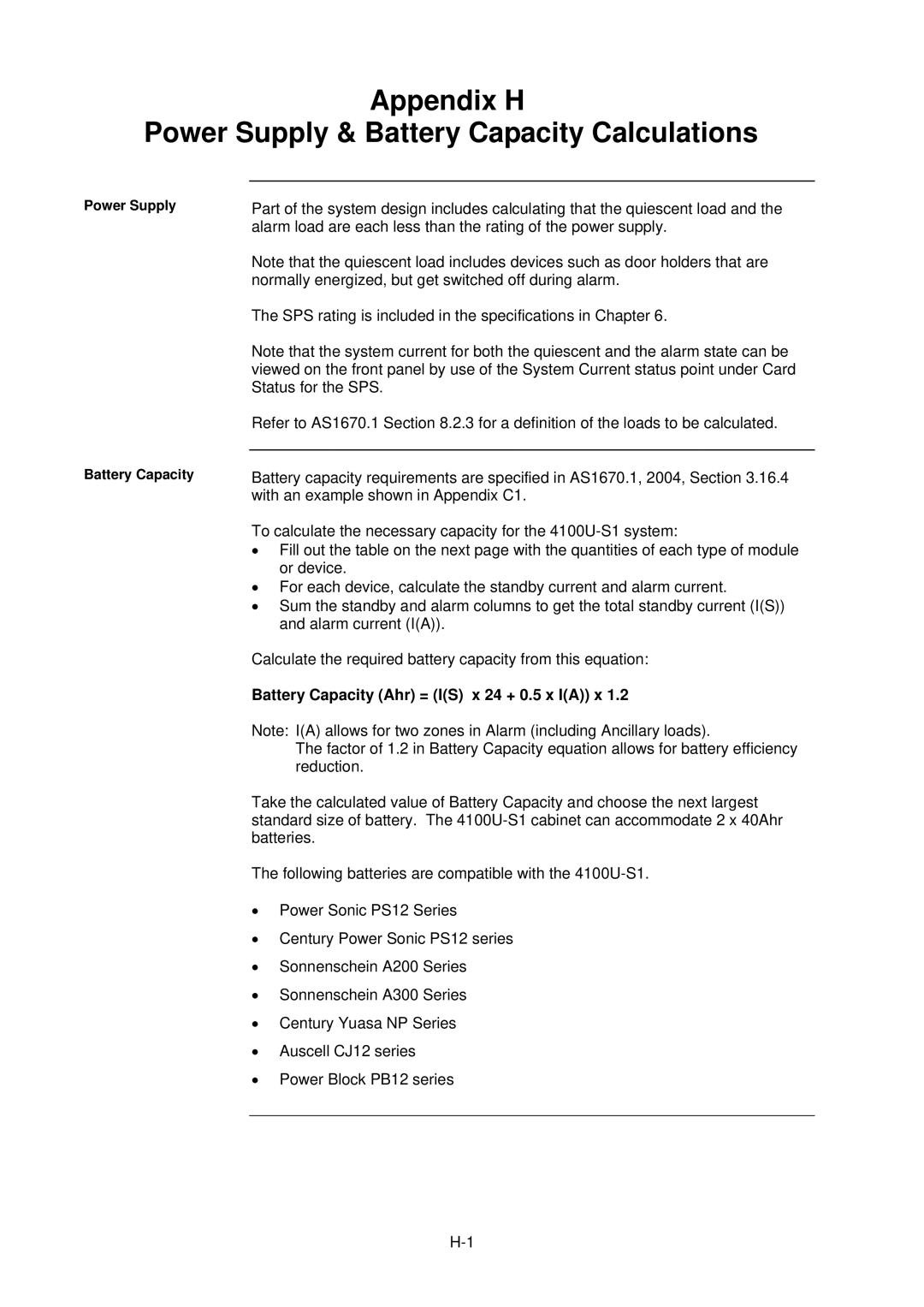 Tyco 4100U-S1 Appendix H Power Supply & Battery Capacity Calculations, Battery Capacity Ahr = is x 24 + 0.5 x IA x 