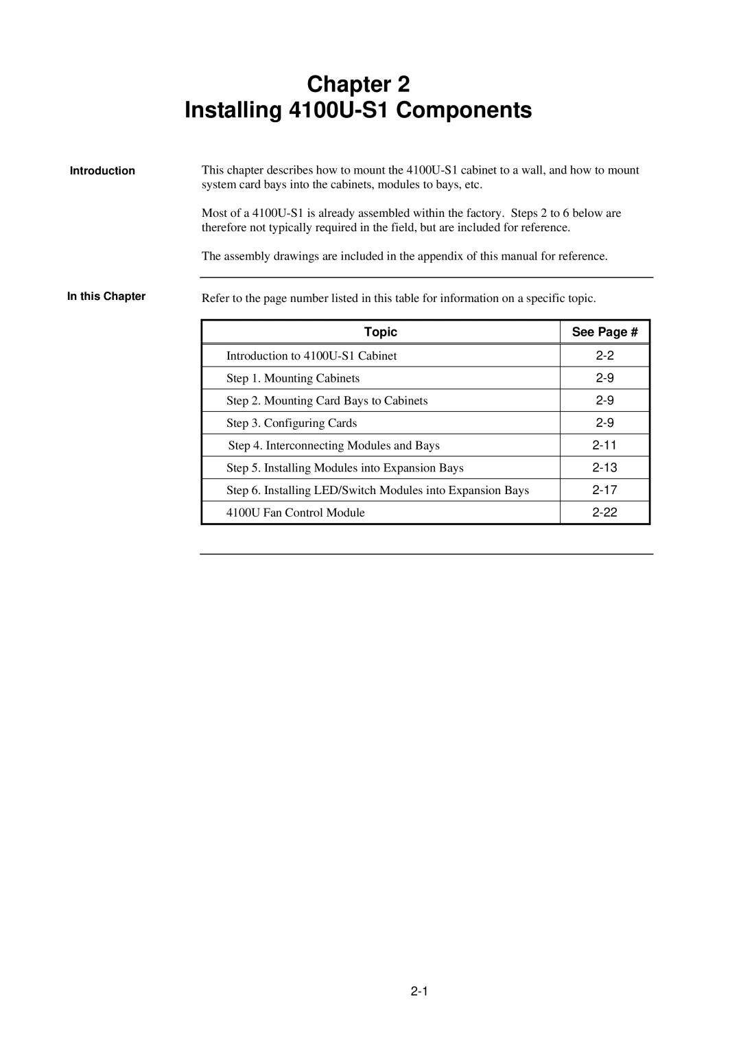 Tyco installation manual Chapter Installing 4100U-S1 Components, Topic See Page # 