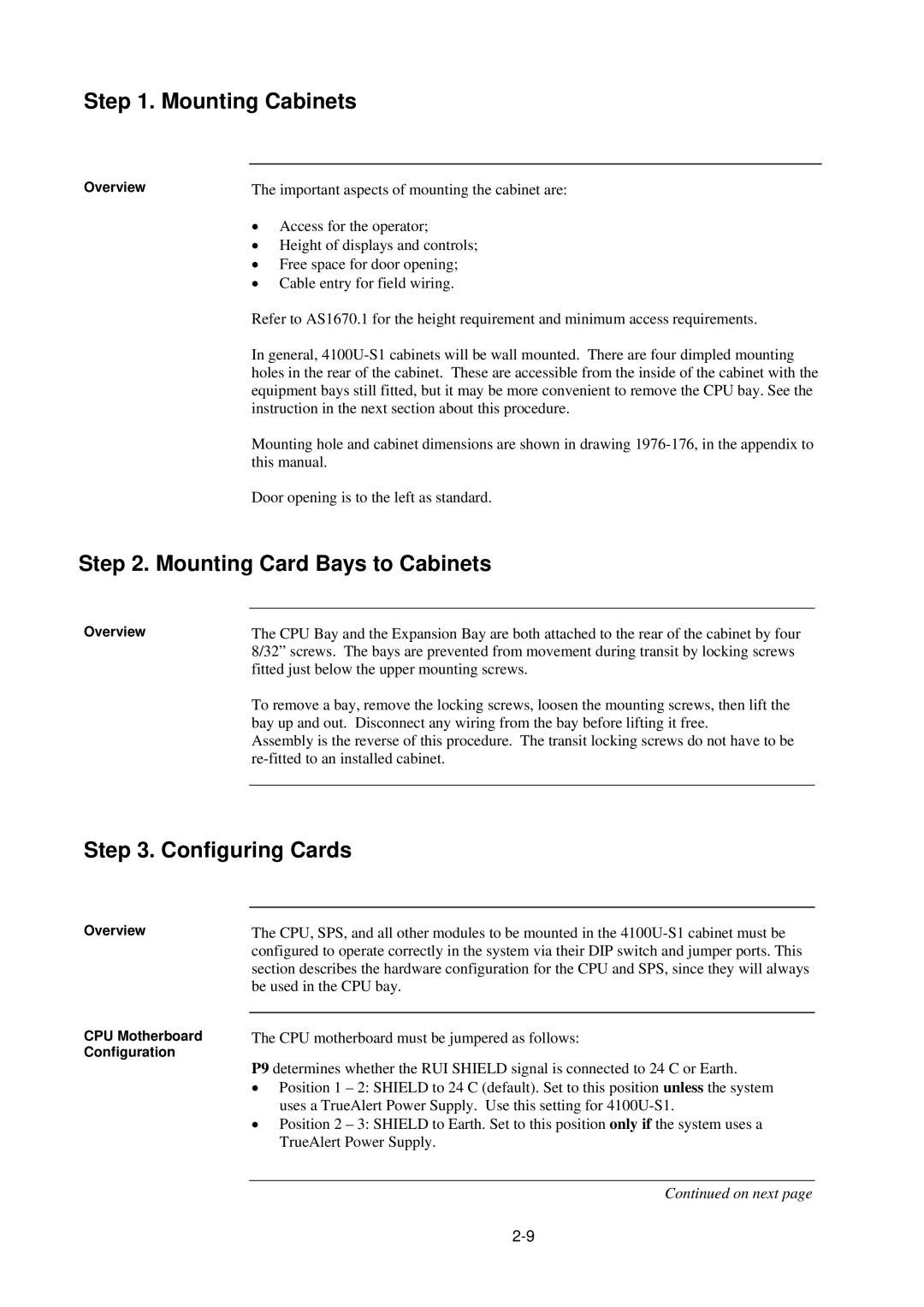 Tyco 4100U-S1 installation manual Mounting Cabinets, Mounting Card Bays to Cabinets, Configuring Cards 