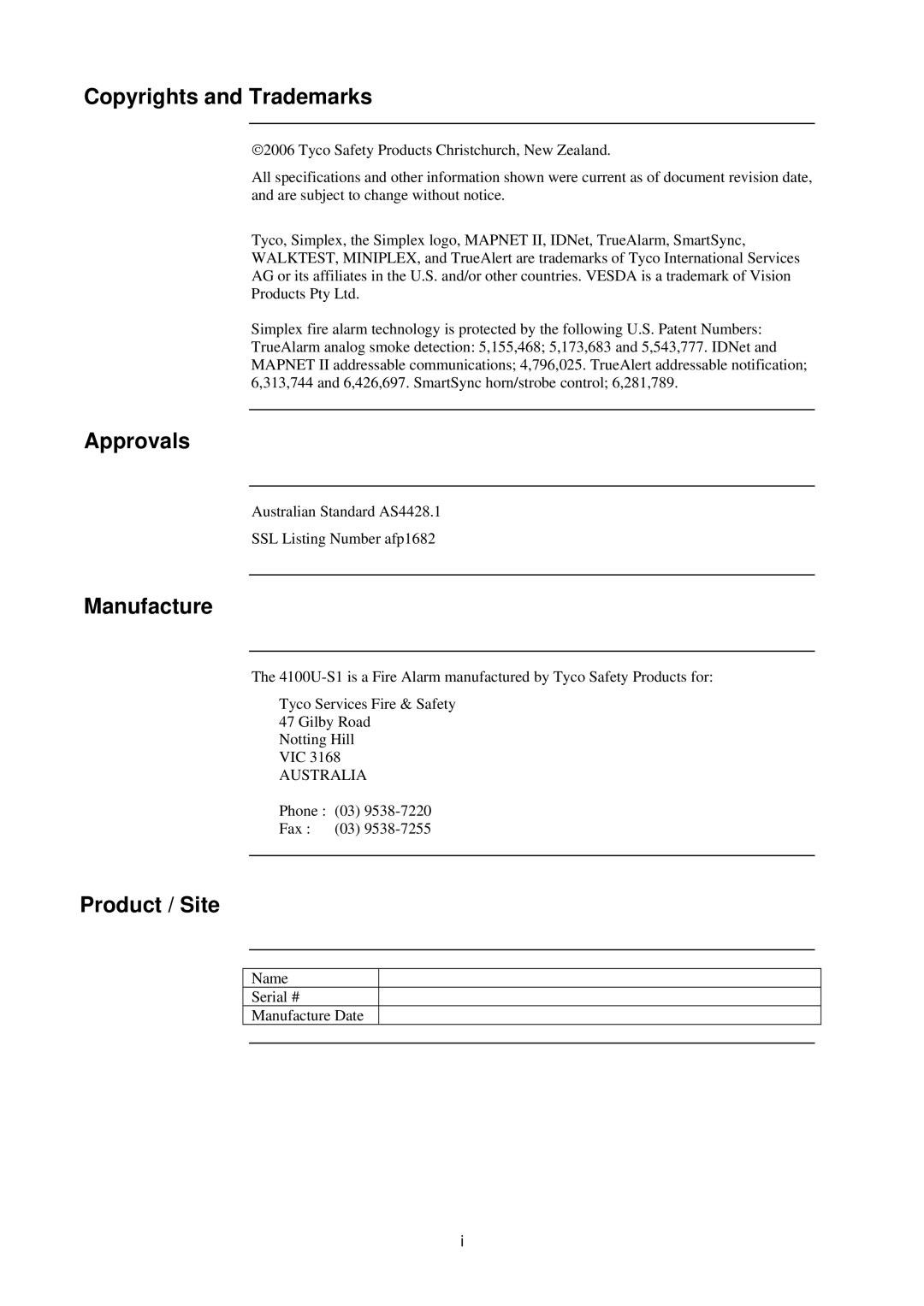 Tyco 4100U-S1 installation manual Copyrights and Trademarks, Approvals, Manufacture, Product / Site 