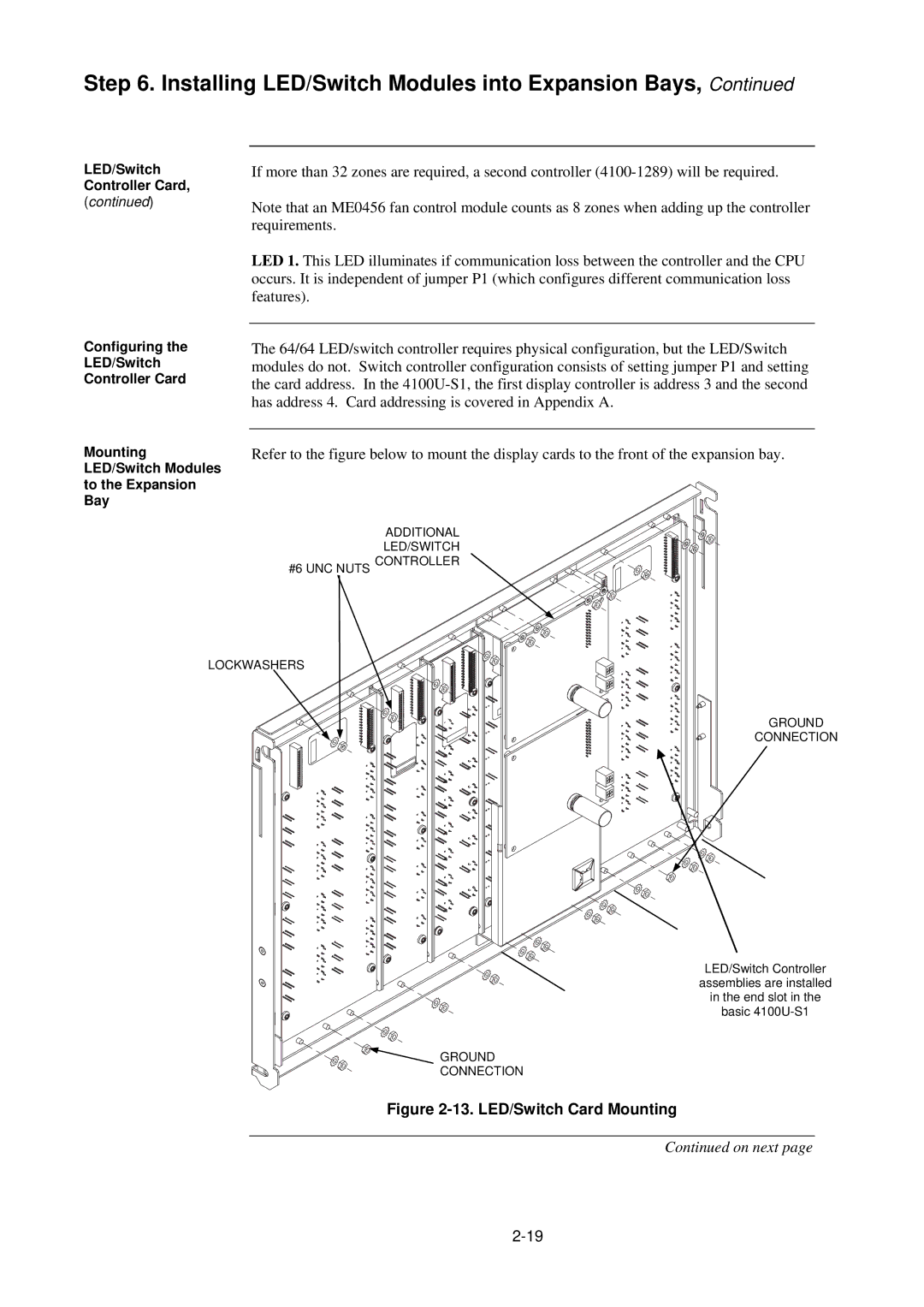 Tyco 4100U-S1 installation manual LED/Switch Card Mounting 