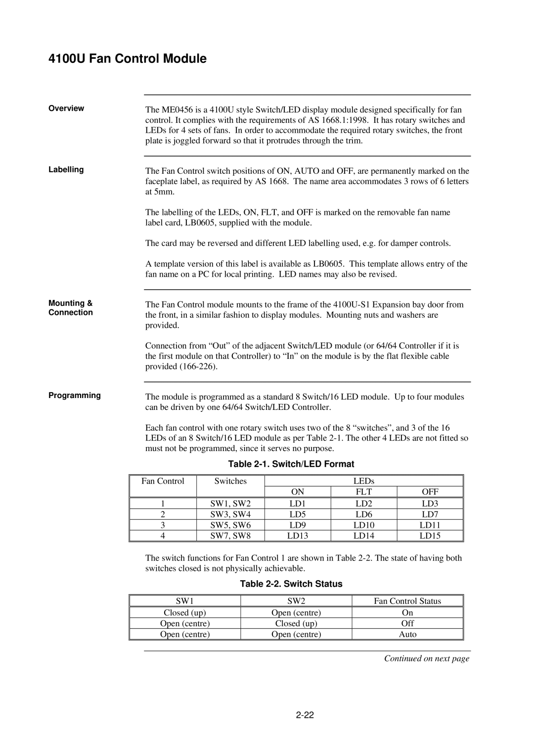 Tyco 4100U-S1 installation manual 4100U Fan Control Module, Switch/LED Format, Switch Status 