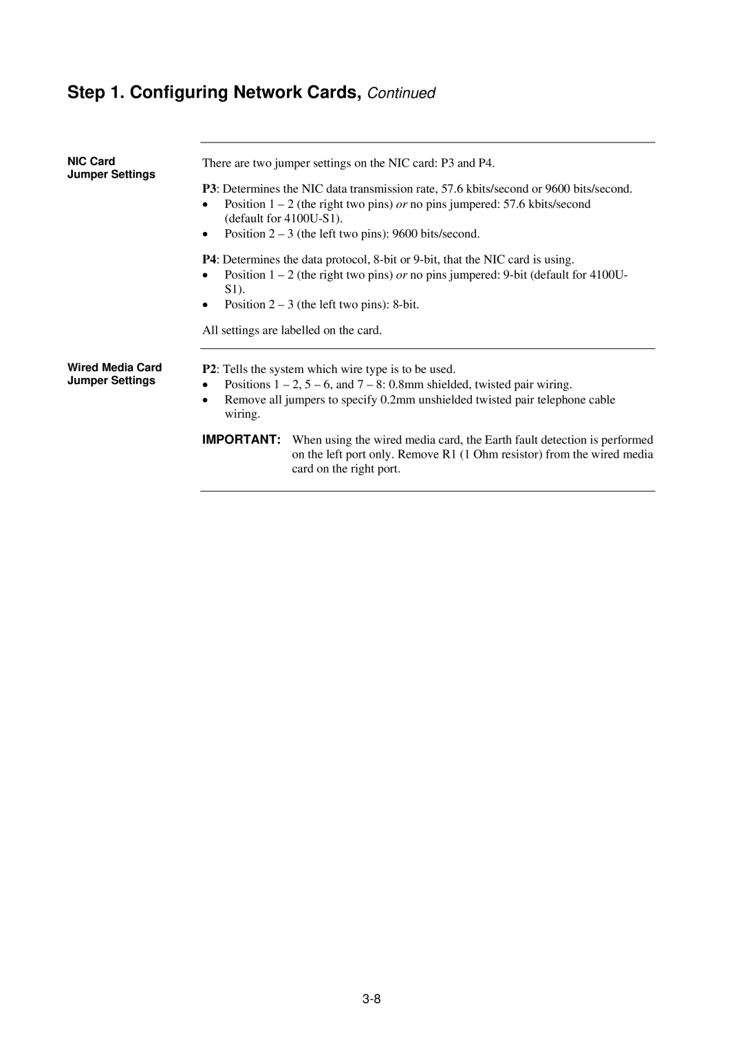 Tyco 4100U-S1 installation manual There are two jumper settings on the NIC card P3 and P4 