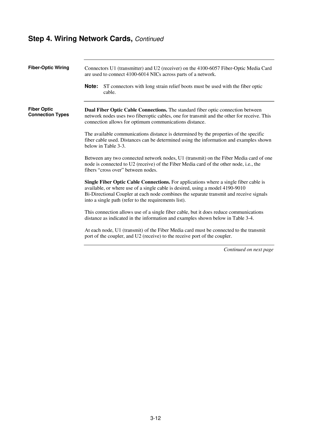 Tyco 4100U-S1 installation manual Fiber-Optic Wiring Fiber Optic Connection Types 