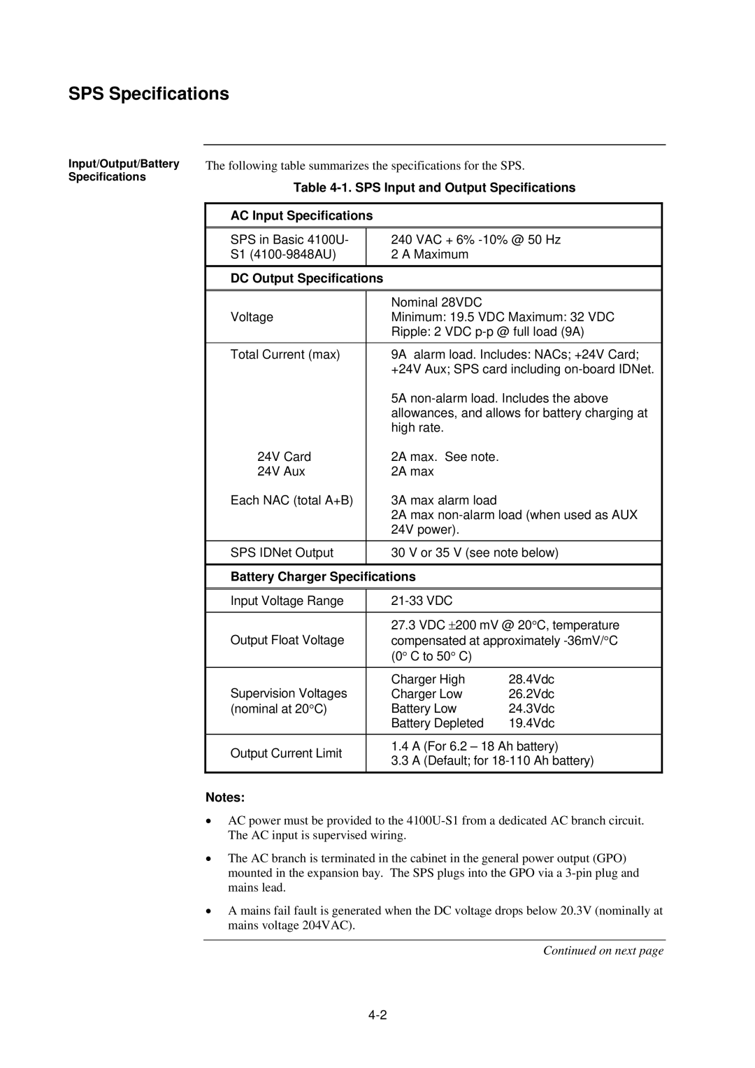 Tyco 4100U-S1 SPS Specifications, SPS Input and Output Specifications AC Input Specifications, DC Output Specifications 