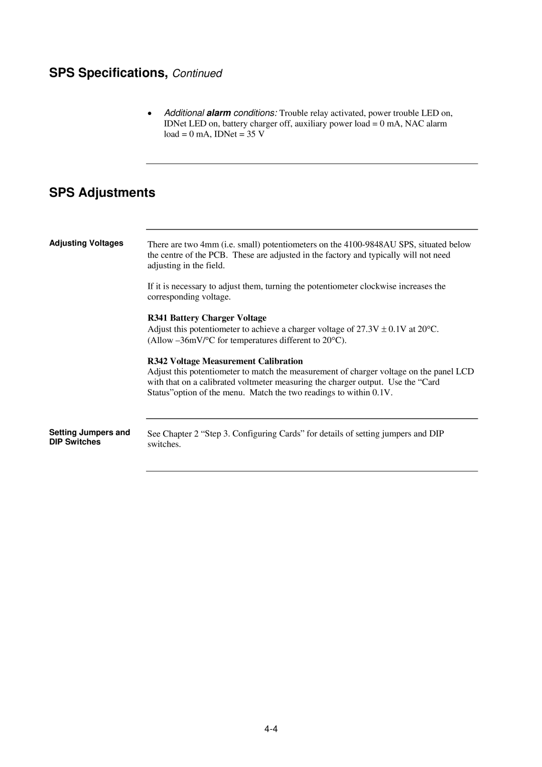 Tyco 4100U-S1 installation manual SPS Adjustments, R341 Battery Charger Voltage 