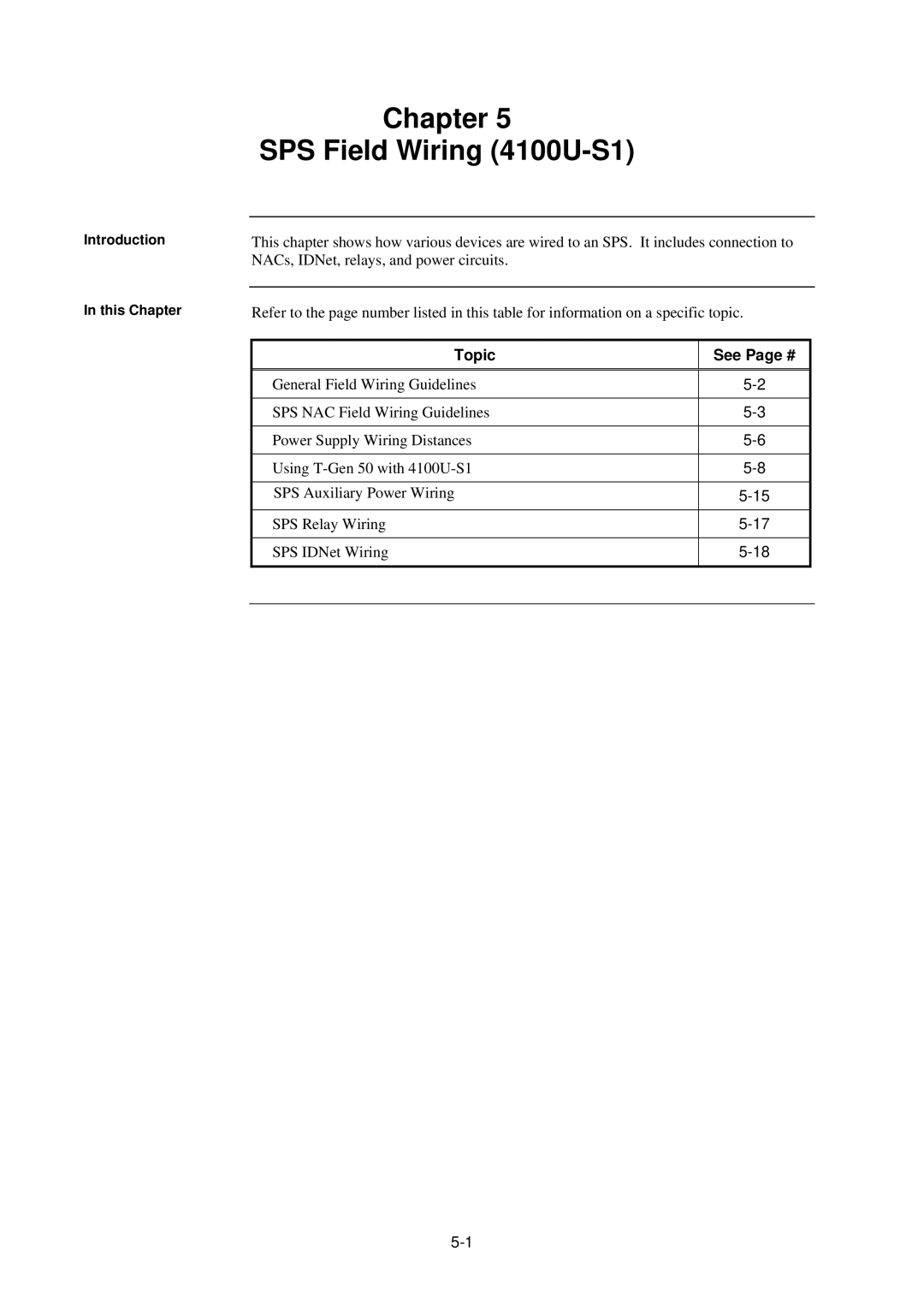 Tyco installation manual Chapter SPS Field Wiring 4100U-S1, Topic See Page # 