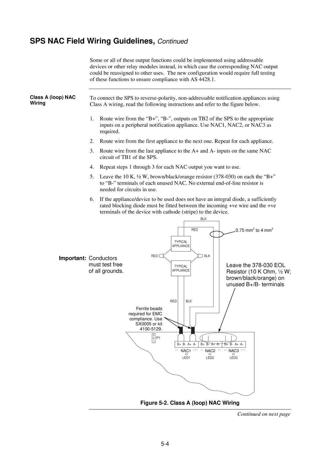 Tyco 4100U-S1 installation manual Important Conductors must test free of all grounds, Class a loop NAC Wiring 