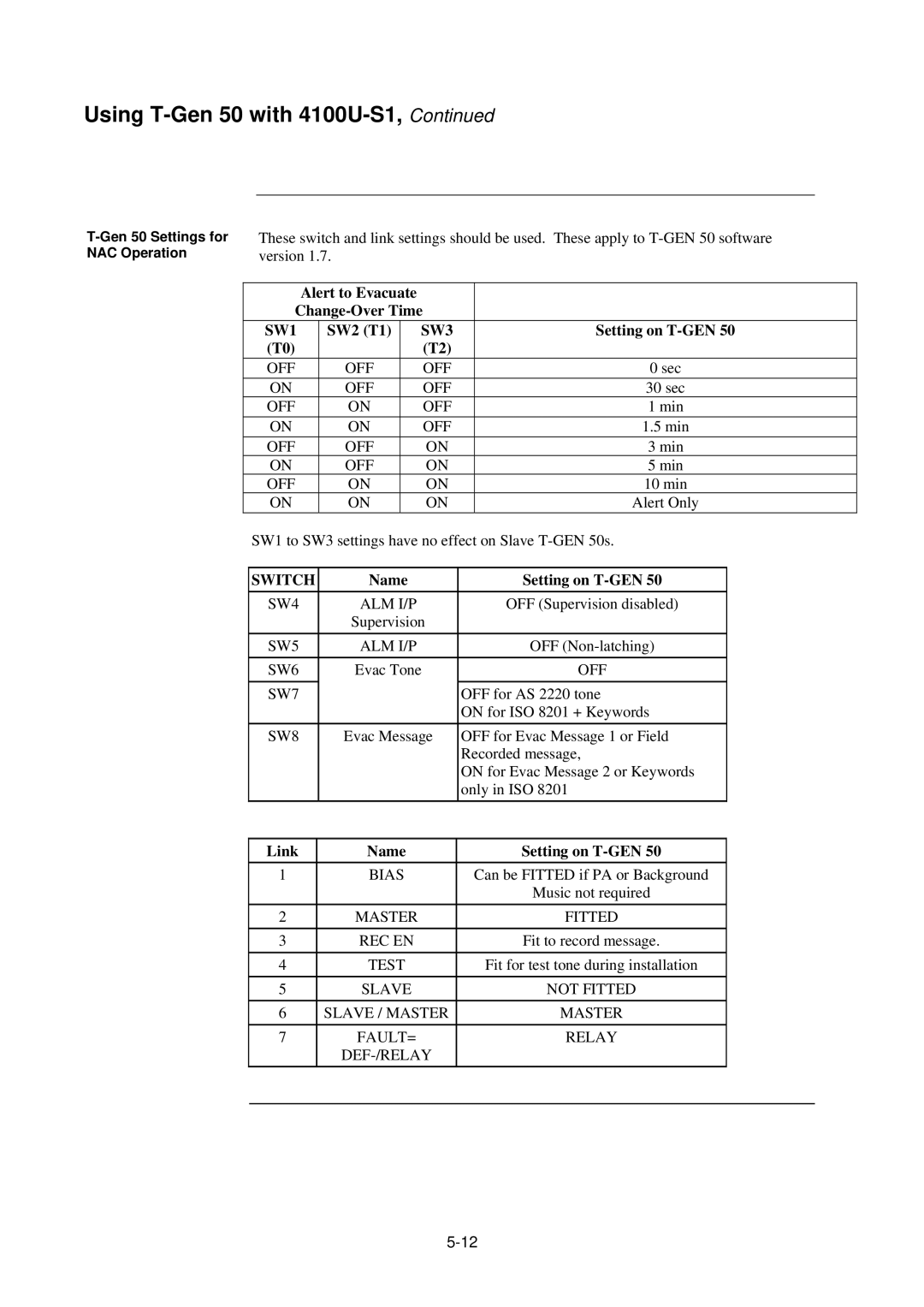 Tyco 4100U-S1 installation manual SW1 to SW3 settings have no effect on Slave T-GEN 50s 