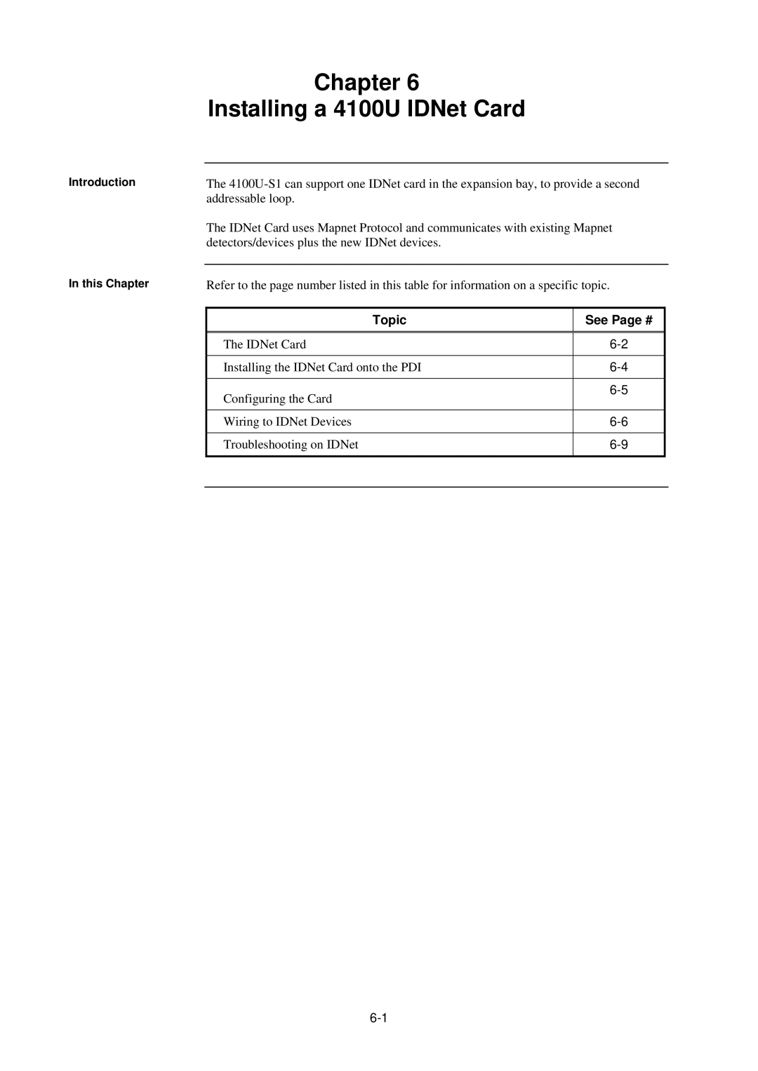 Tyco 4100U-S1 installation manual Chapter Installing a 4100U IDNet Card, Topic 