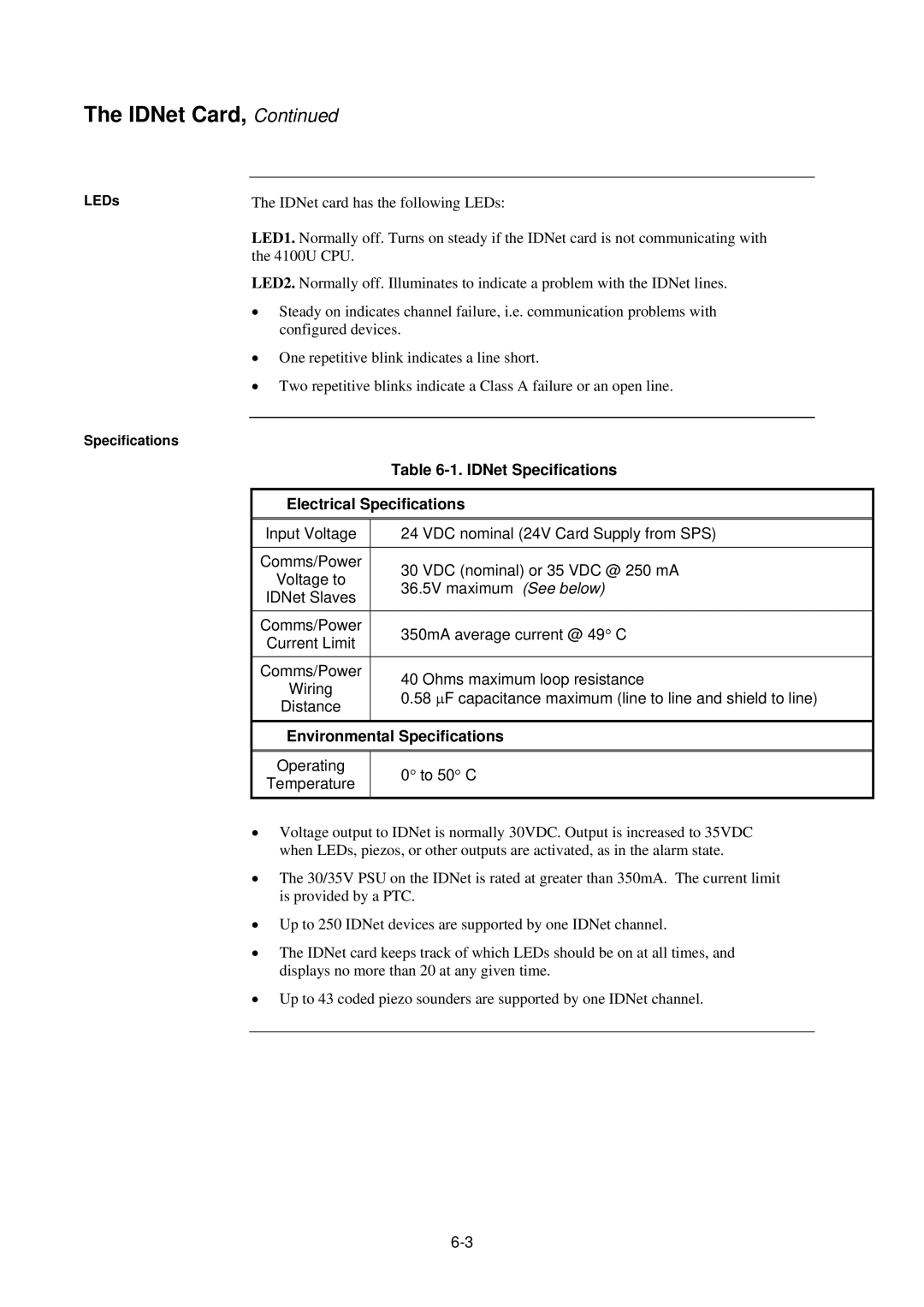 Tyco 4100U-S1 installation manual IDNet Specifications Electrical Specifications, Environmental Specifications 