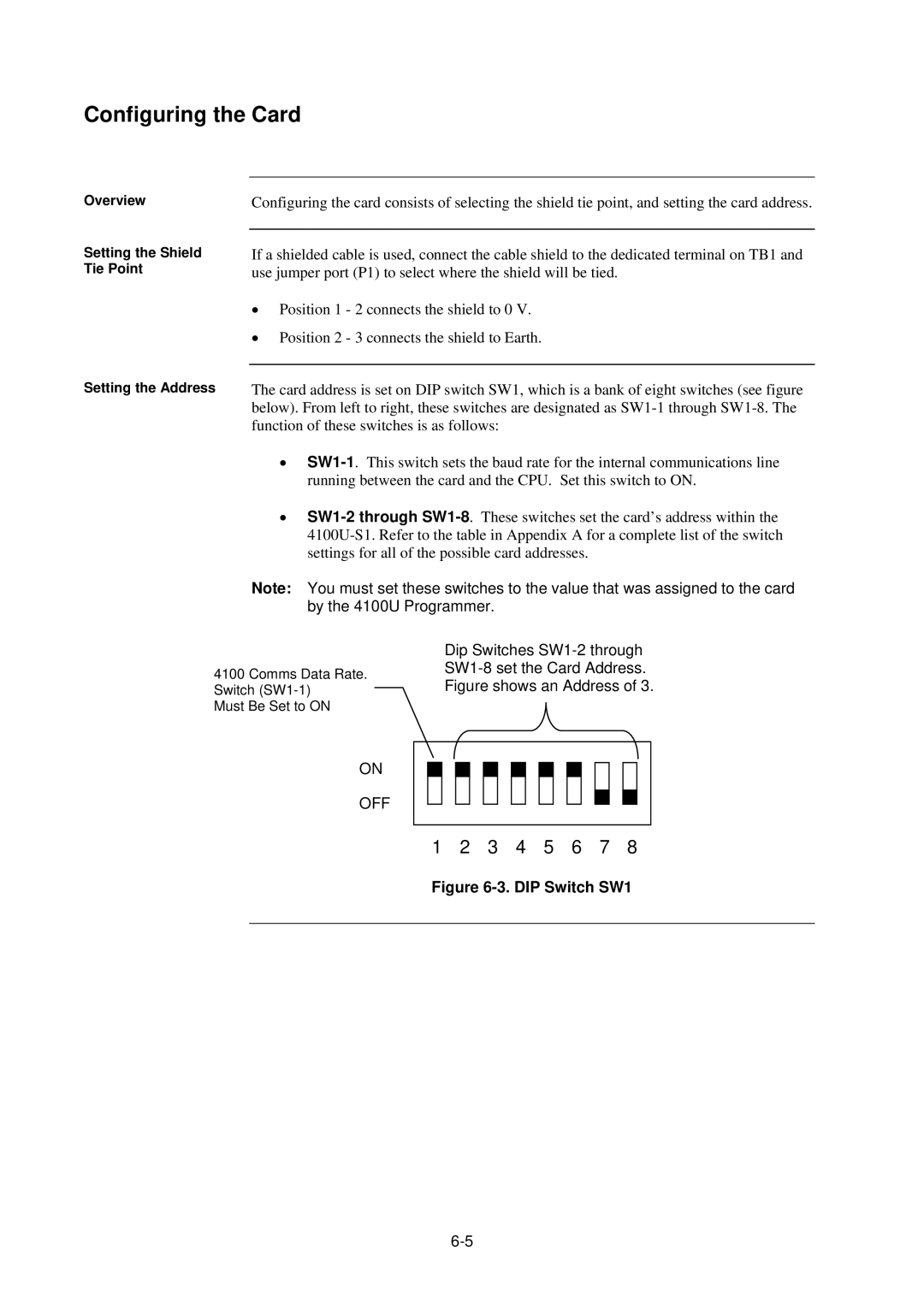 Tyco 4100U-S1 installation manual Configuring the Card, DIP Switch SW1 