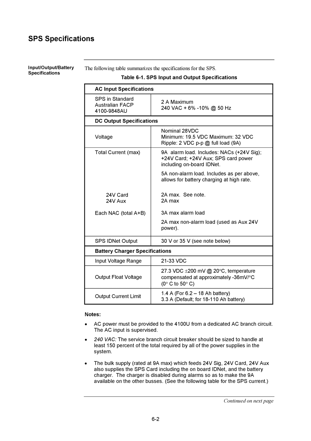 Tyco 4100U SPS Specifications, SPS Input and Output Specifications AC Input Specifications, DC Output Specifications 