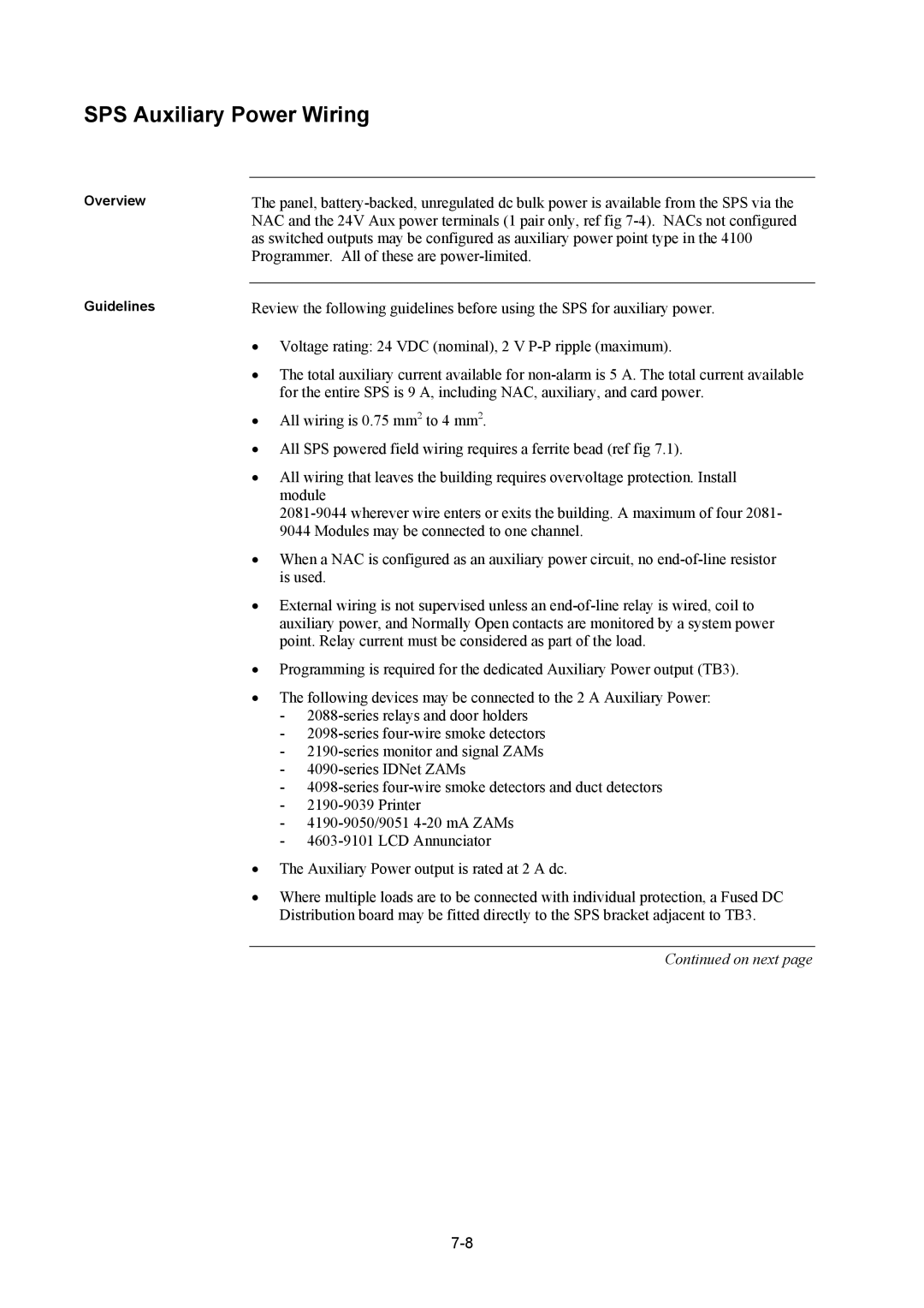 Tyco 4100U installation manual SPS Auxiliary Power Wiring 