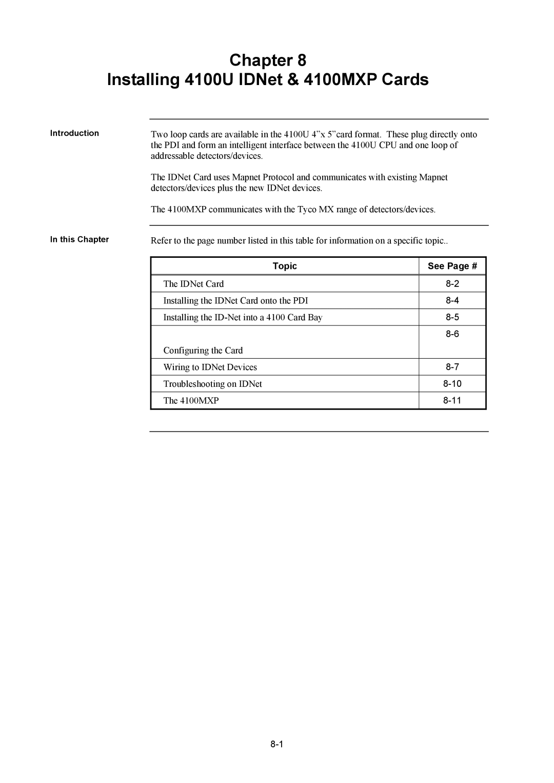 Tyco installation manual Chapter Installing 4100U IDNet & 4100MXP Cards, Topic See Page # 