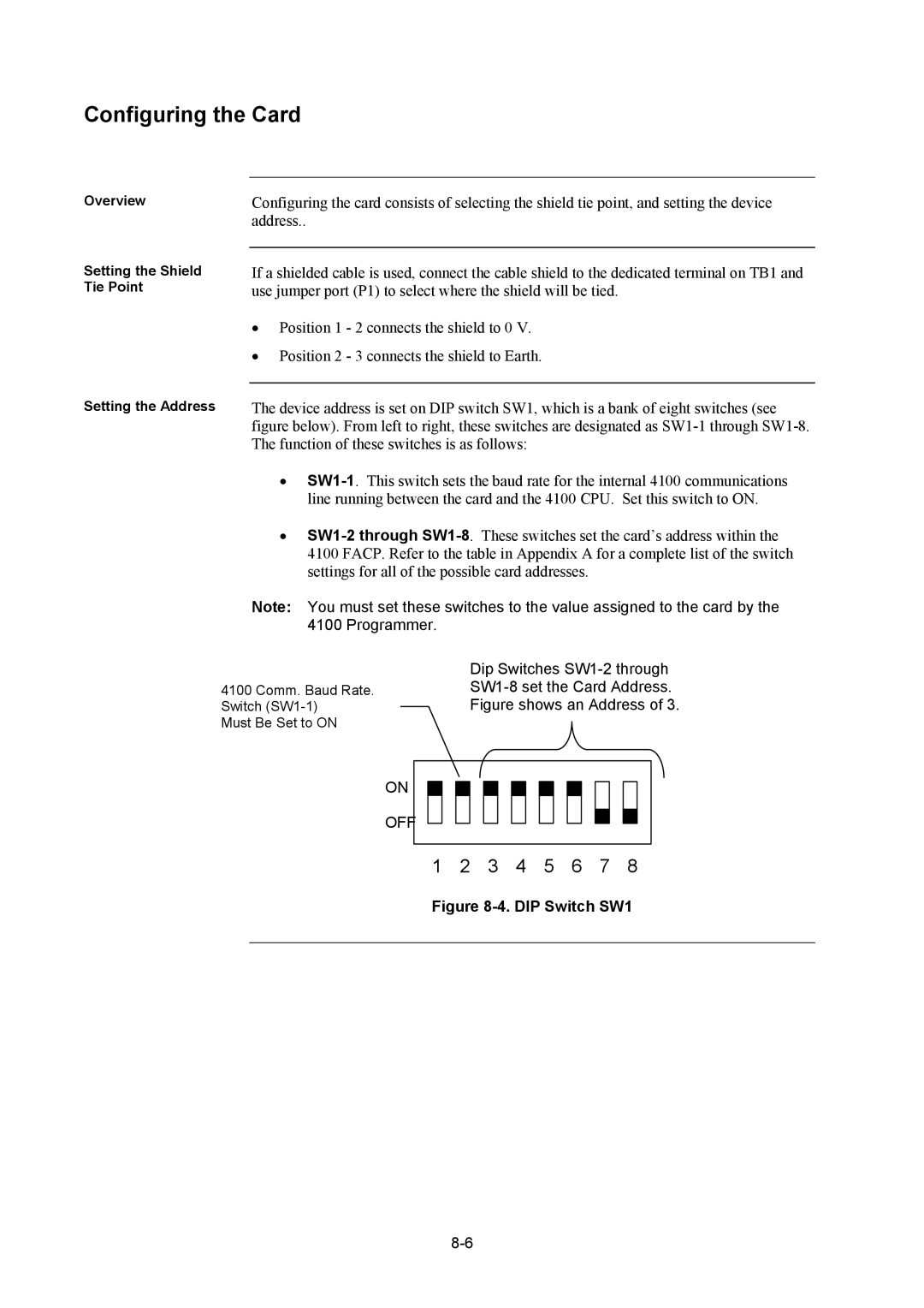 Tyco 4100U installation manual Configuring the Card, DIP Switch SW1 