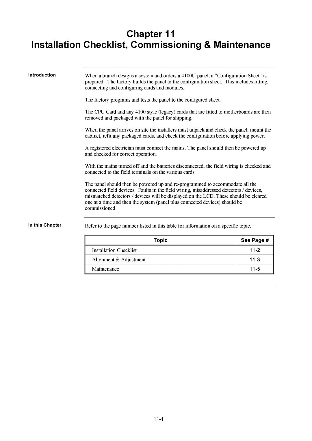 Tyco 4100U installation manual Chapter Installation Checklist, Commissioning & Maintenance, Topic See Page # 