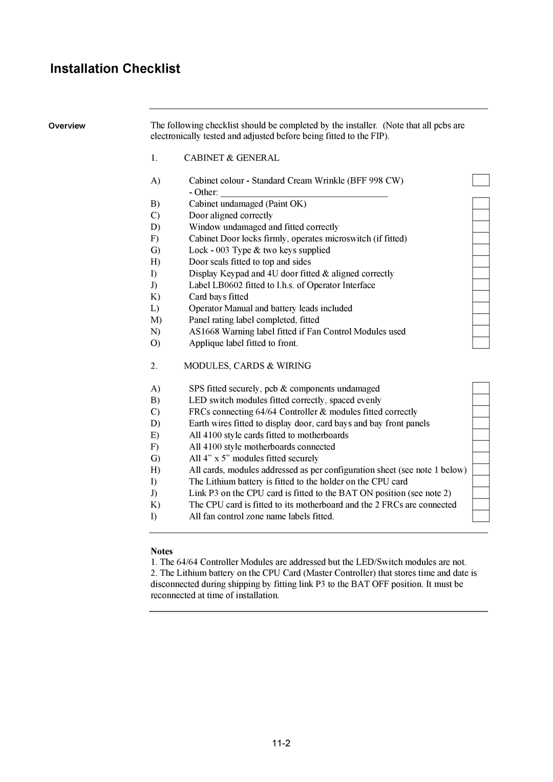 Tyco 4100U installation manual Installation Checklist, Cabinet & General 