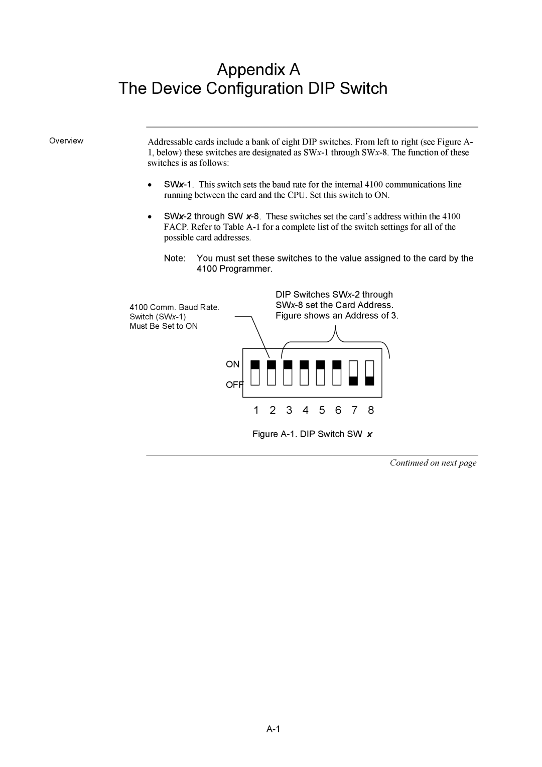 Tyco 4100U installation manual Appendix a Device Configuration DIP Switch, Figure A-1. DIP Switch SWx 