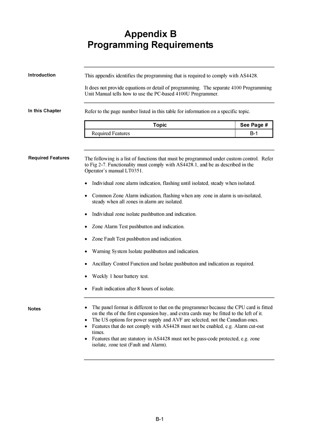 Tyco 4100U installation manual Appendix B Programming Requirements, Required Features 