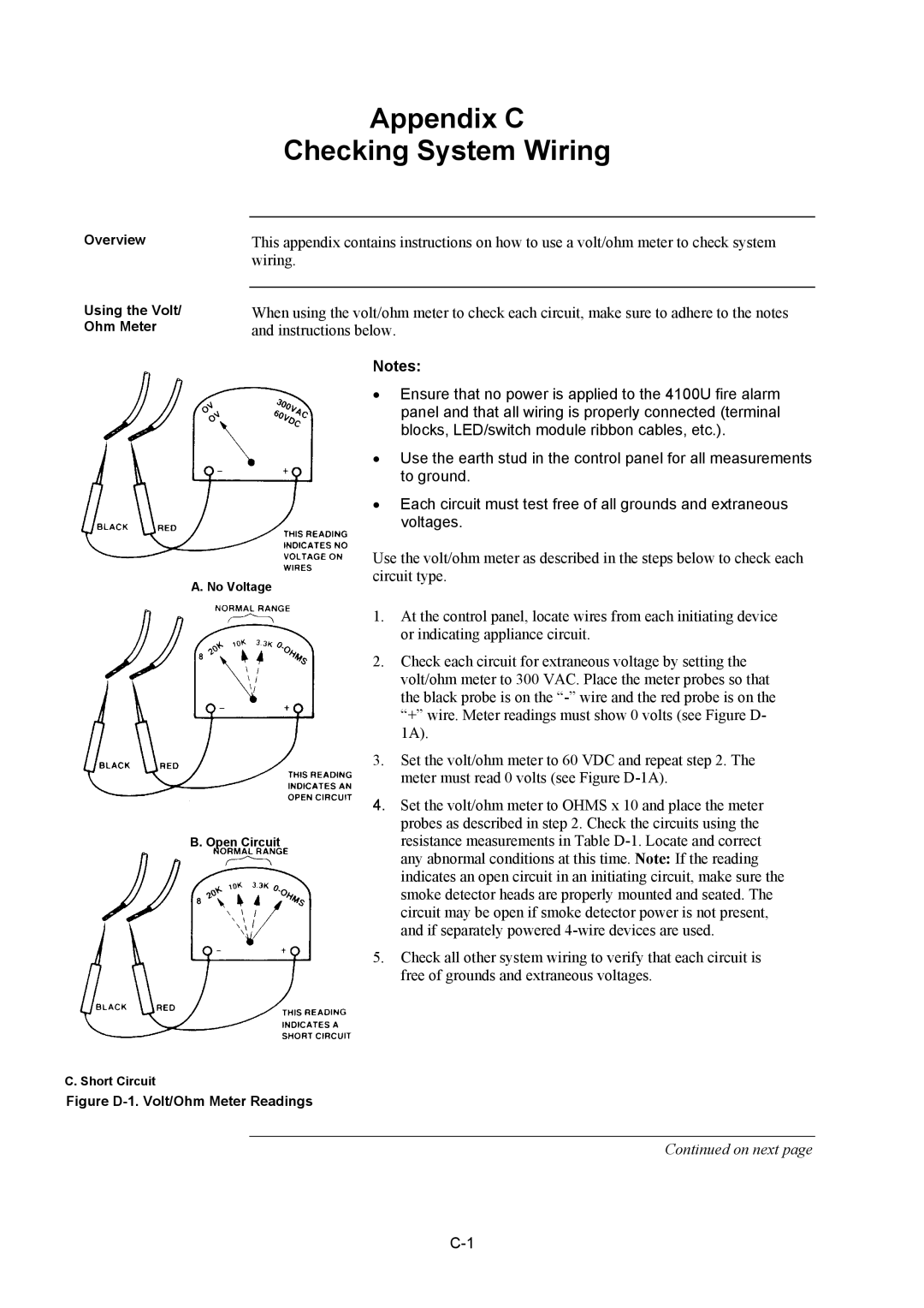 Tyco 4100U installation manual Appendix C Checking System Wiring, Figure D-1. Volt/Ohm Meter Readings 