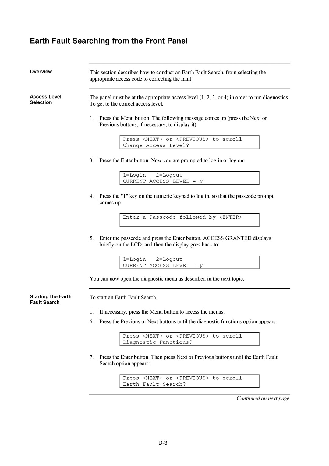 Tyco 4100U installation manual Earth Fault Searching from the Front Panel 