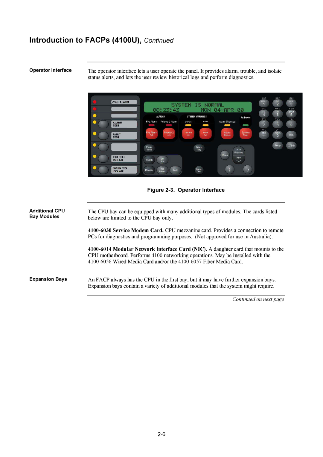 Tyco 4100U installation manual Operator Interface 