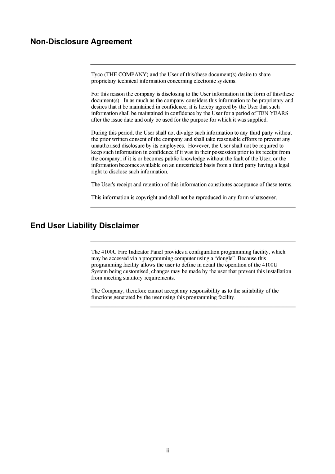 Tyco 4100U installation manual Non-Disclosure Agreement, End User Liability Disclaimer 