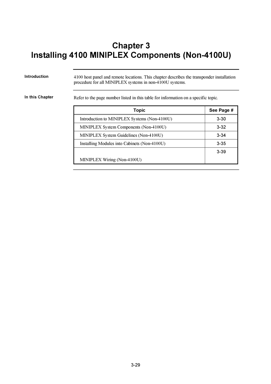 Tyco installation manual Chapter Installing 4100 Miniplex Components Non-4100U, Topic See Page # 