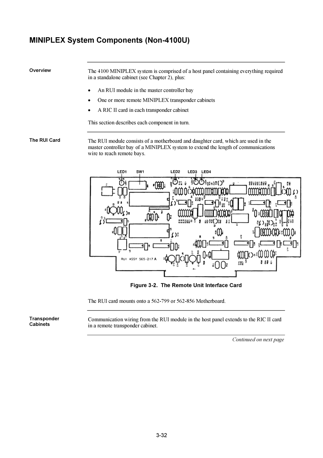 Tyco installation manual Miniplex System Components Non-4100U, Remote Unit Interface Card 