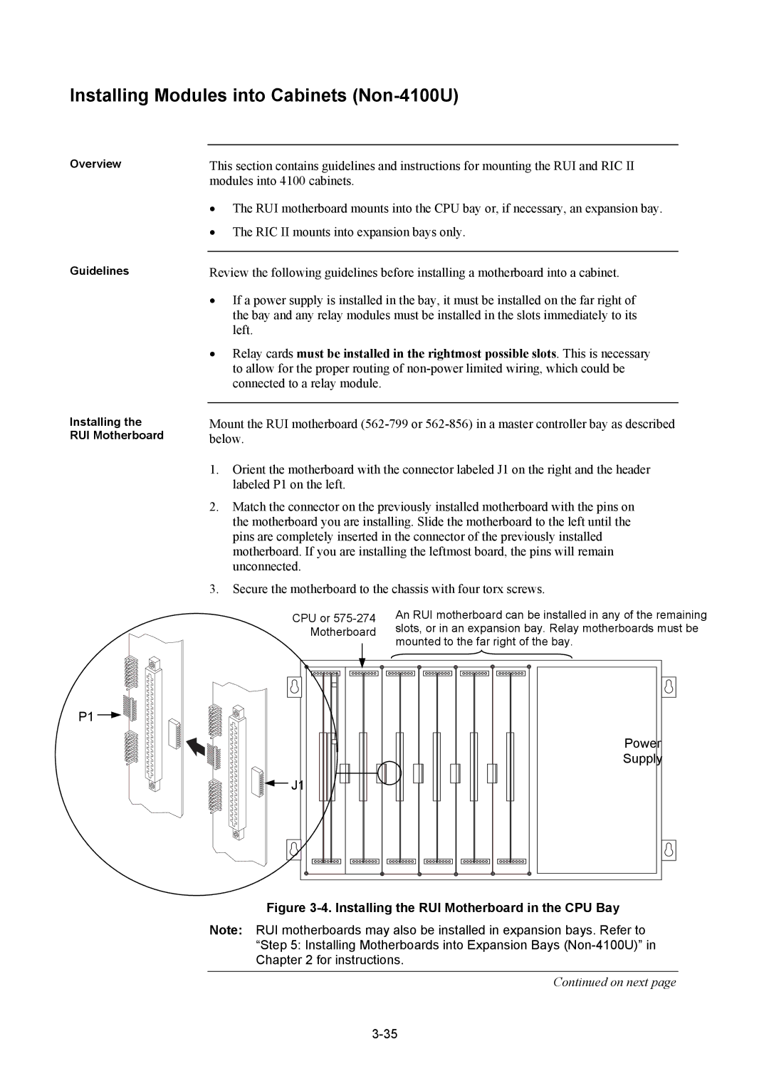 Tyco installation manual Installing Modules into Cabinets Non-4100U, Installing the RUI Motherboard in the CPU Bay 