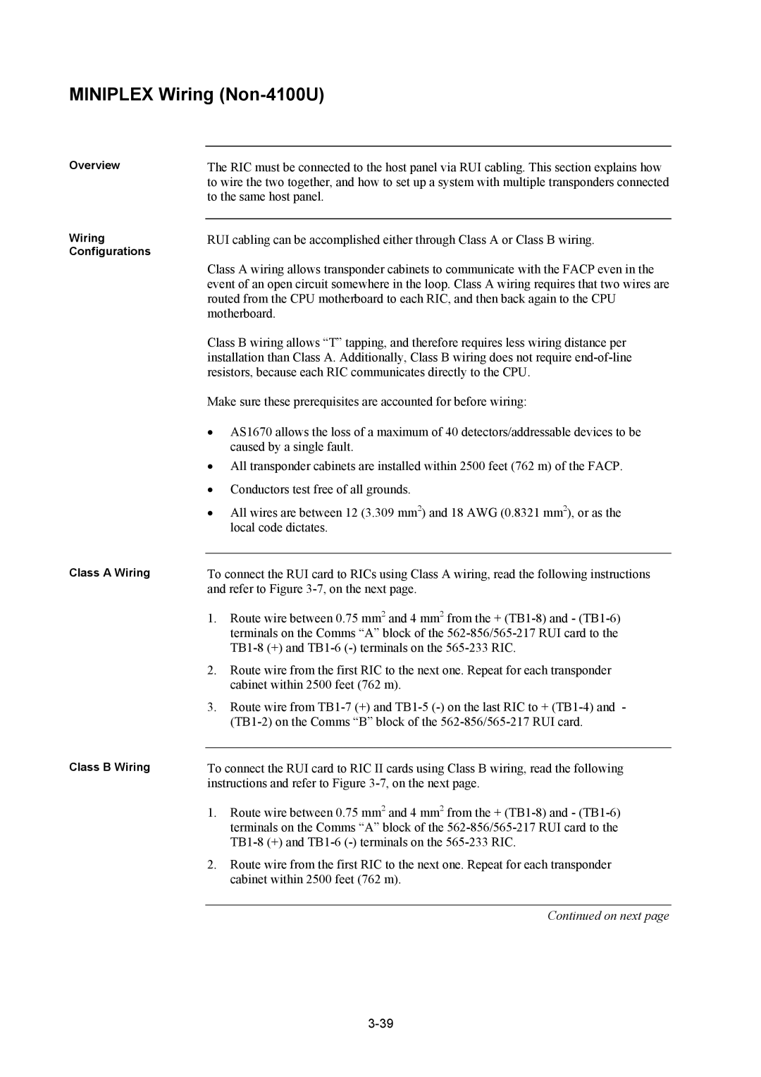 Tyco installation manual Miniplex Wiring Non-4100U 