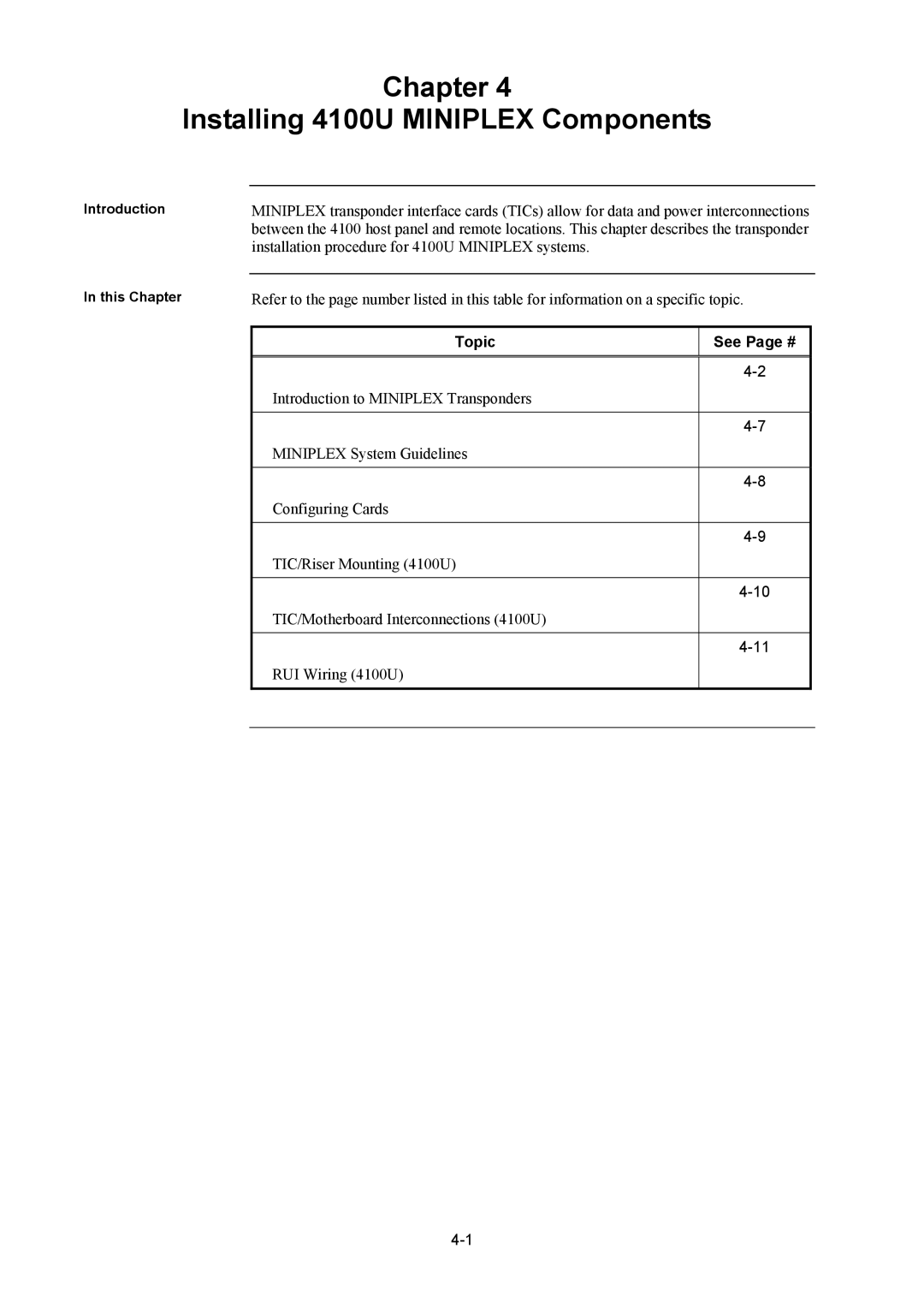 Tyco installation manual Chapter Installing 4100U Miniplex Components, Topic See Page # 