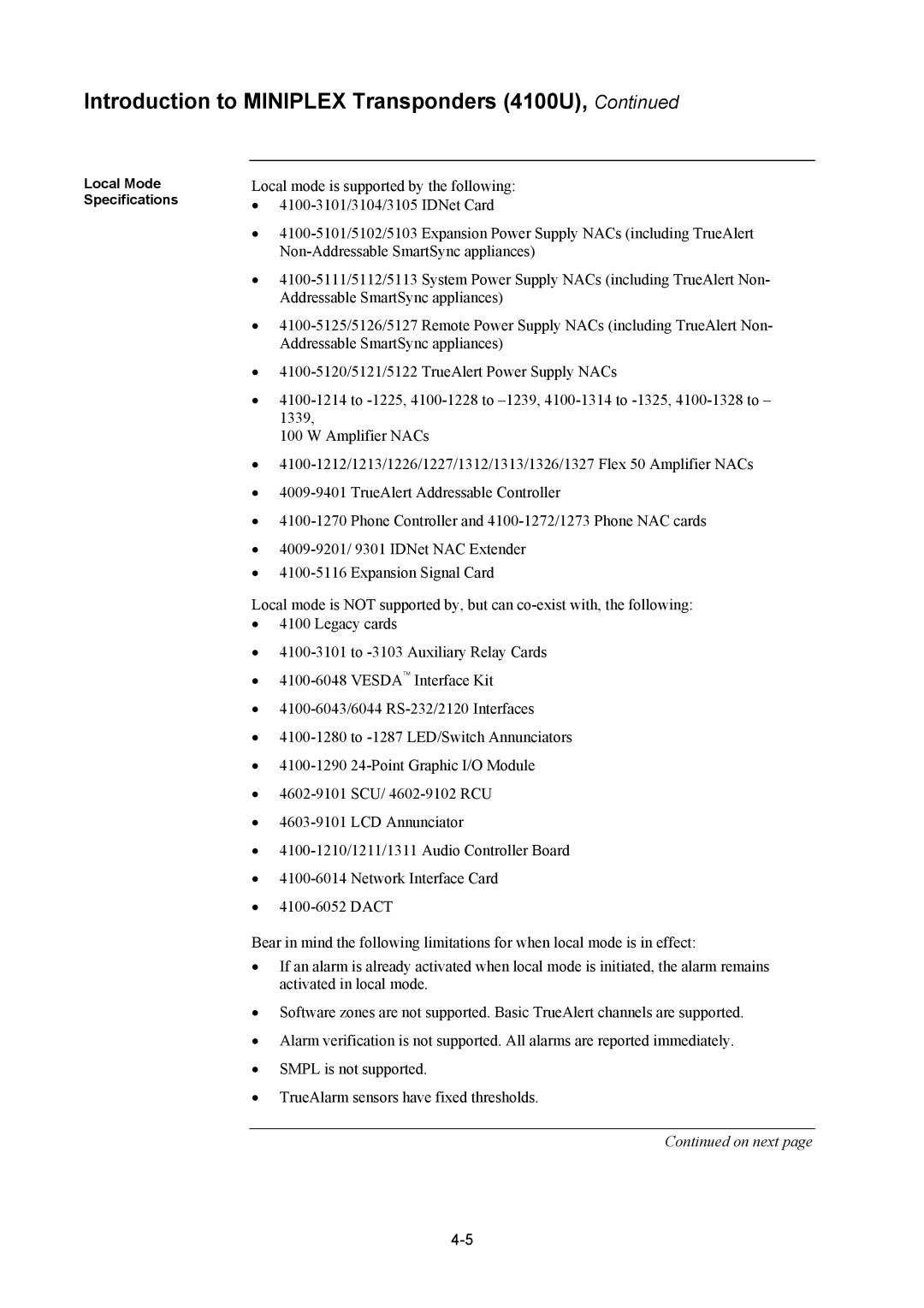 Tyco 4100U installation manual Local Mode Specifications 