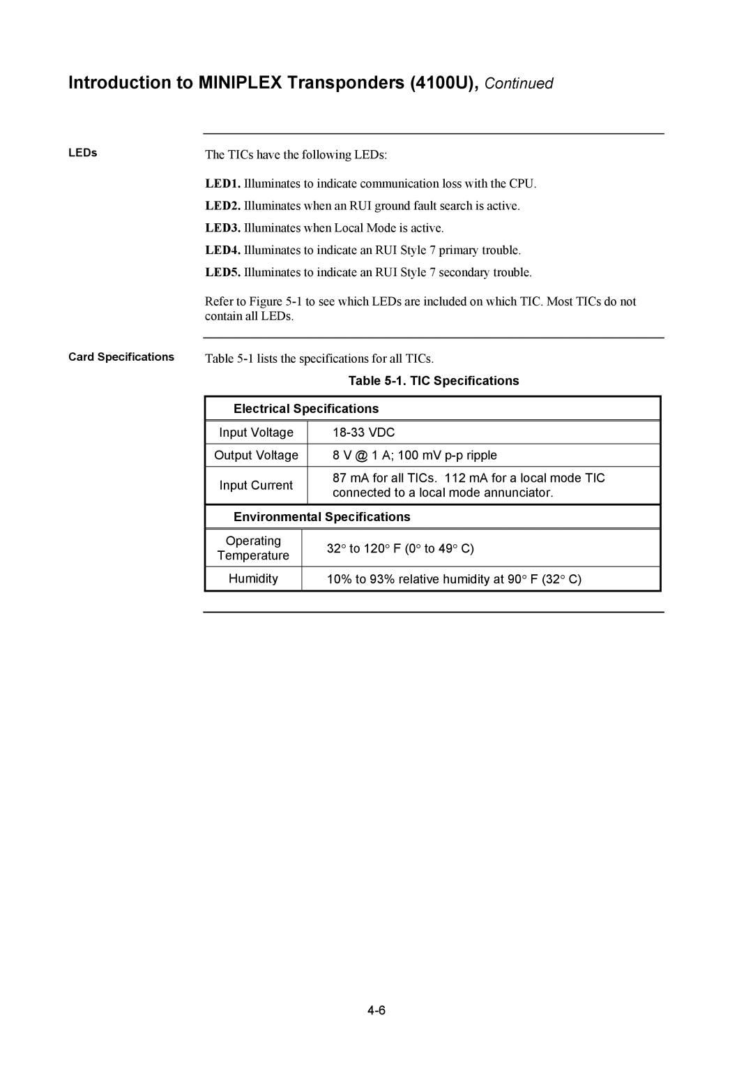 Tyco 4100U installation manual TIC Specifications Electrical Specifications, Environmental Specifications 