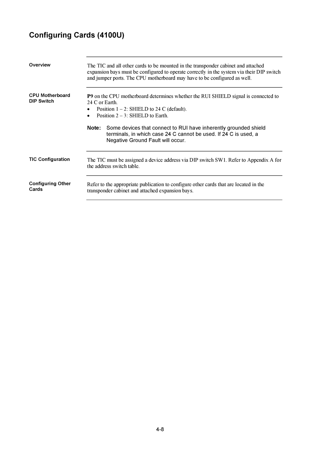 Tyco installation manual Configuring Cards 4100U 