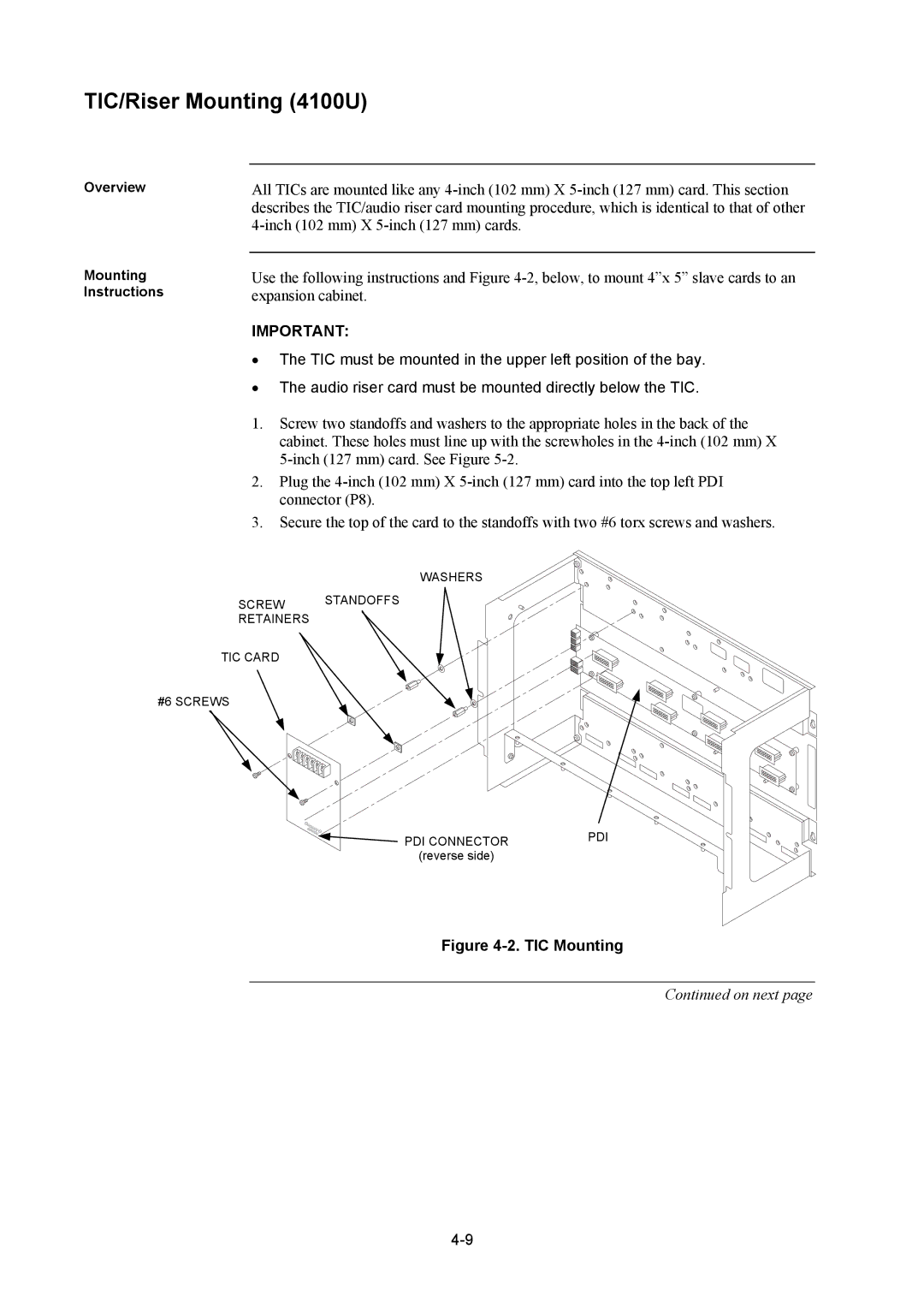 Tyco installation manual TIC/Riser Mounting 4100U, TIC Mounting 