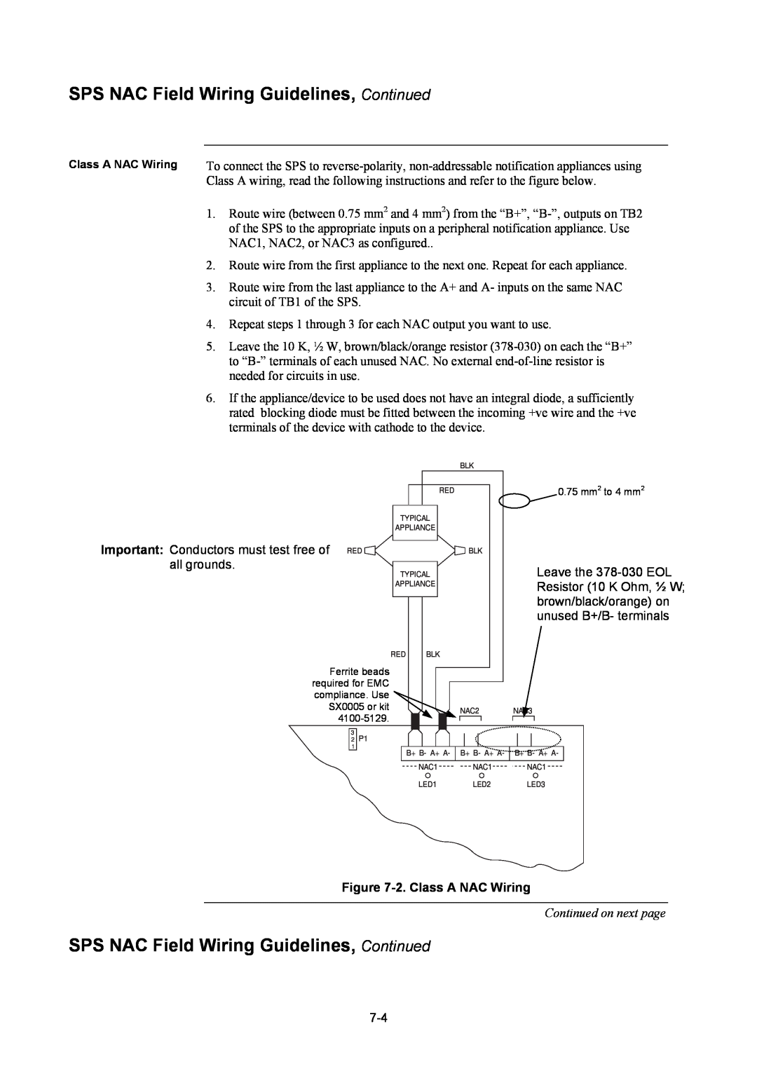 Tyco 4100U installation manual SPS NAC Field Wiring Guidelines, Continued, 2.Class A NAC Wiring, Continued on next page 